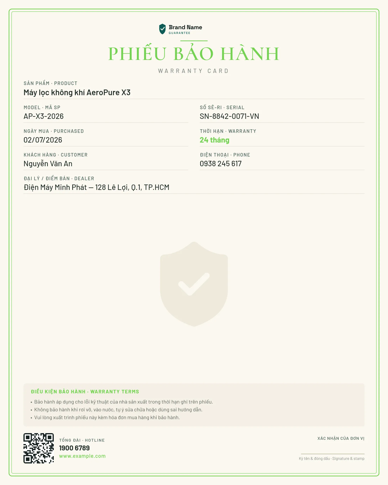 Warranty Card — Ivory Bordered Guarantee (VN)