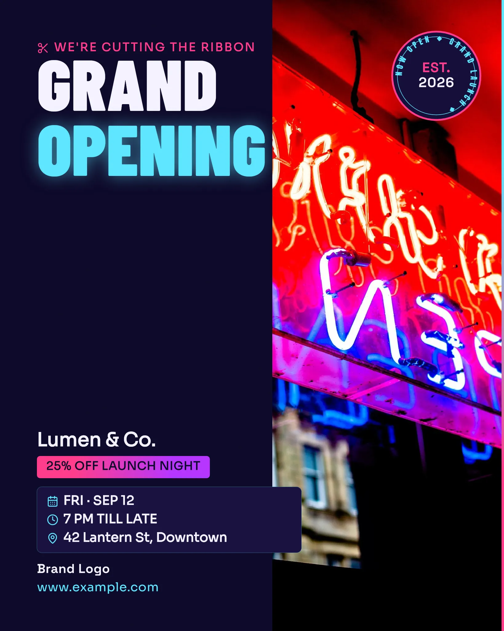 Grand Opening — Midnight Neon Ribbon-Cut