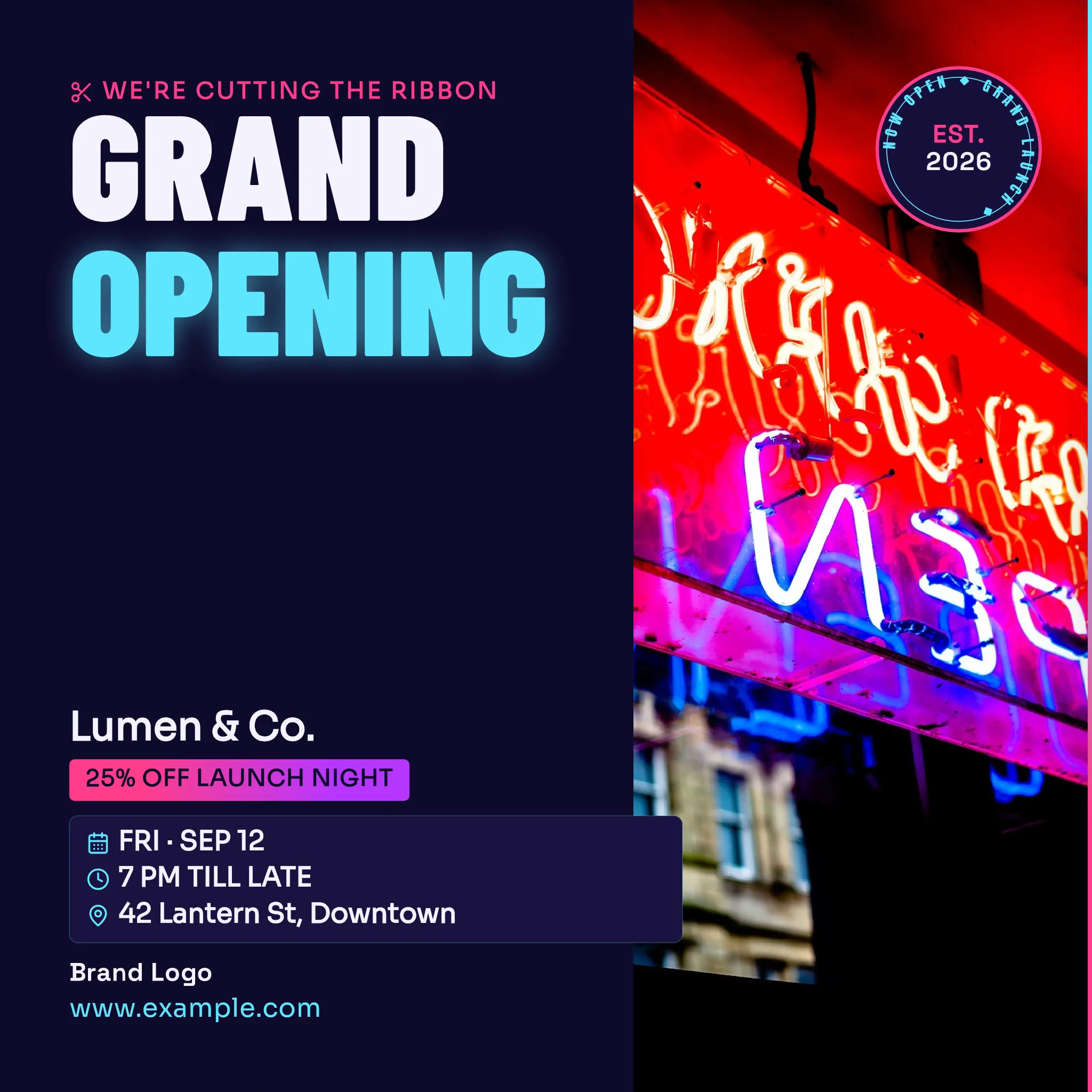 Grand Opening — Midnight Neon Ribbon-Cut