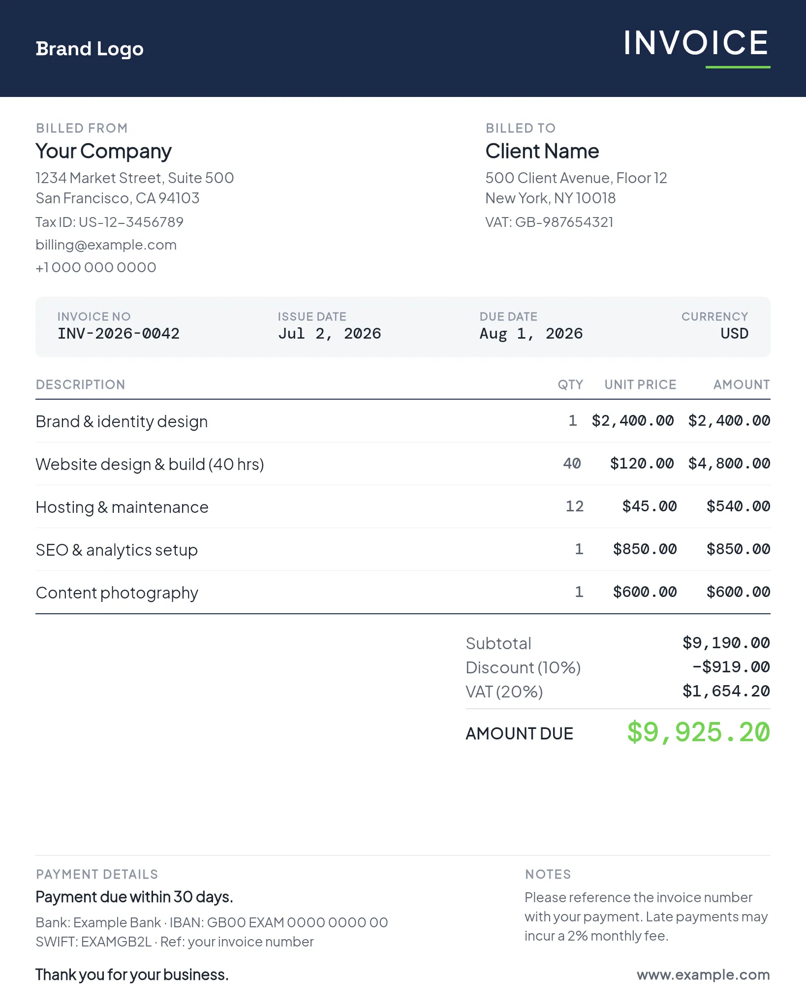 Invoice — Modern Minimal Ledger