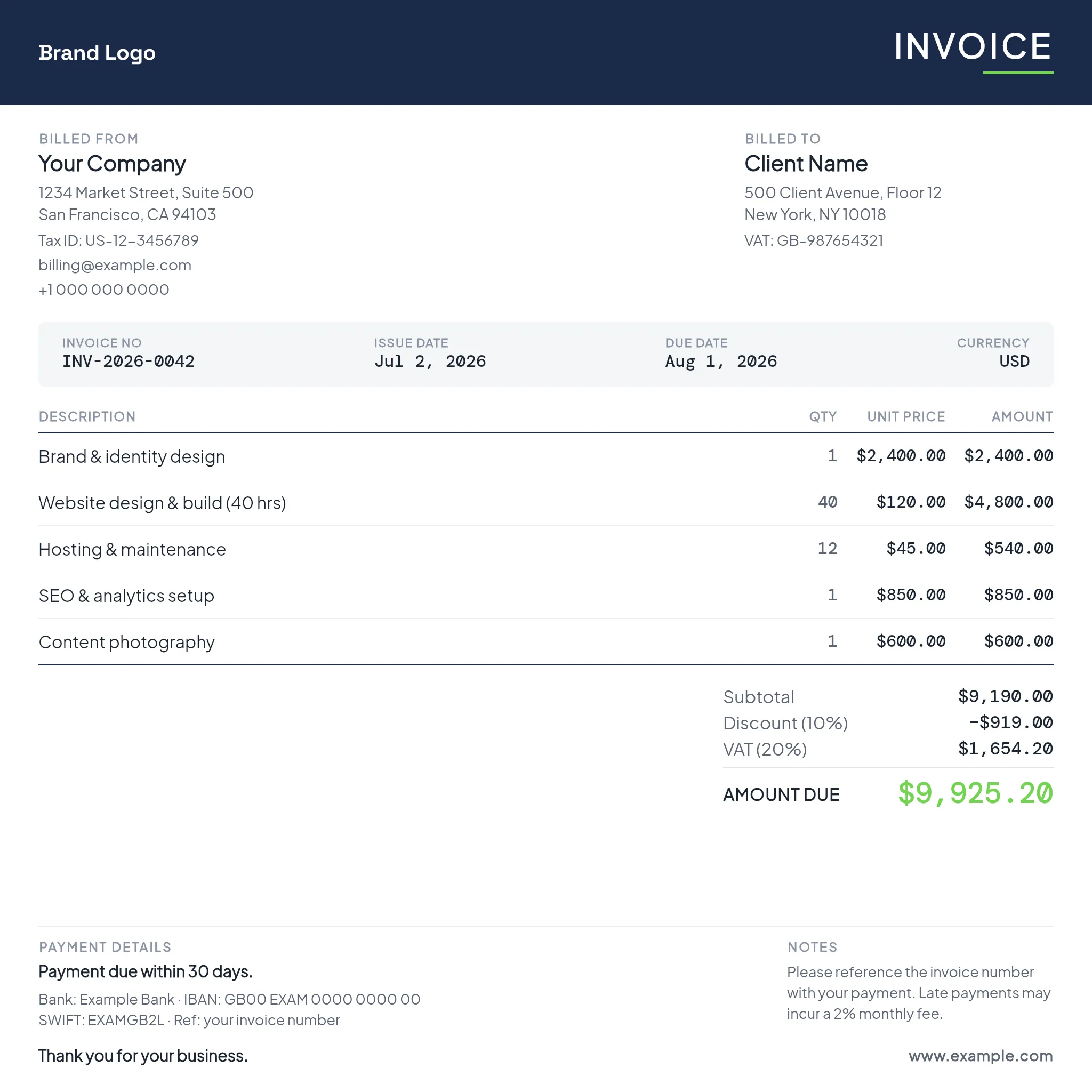 Invoice — Modern Minimal Ledger