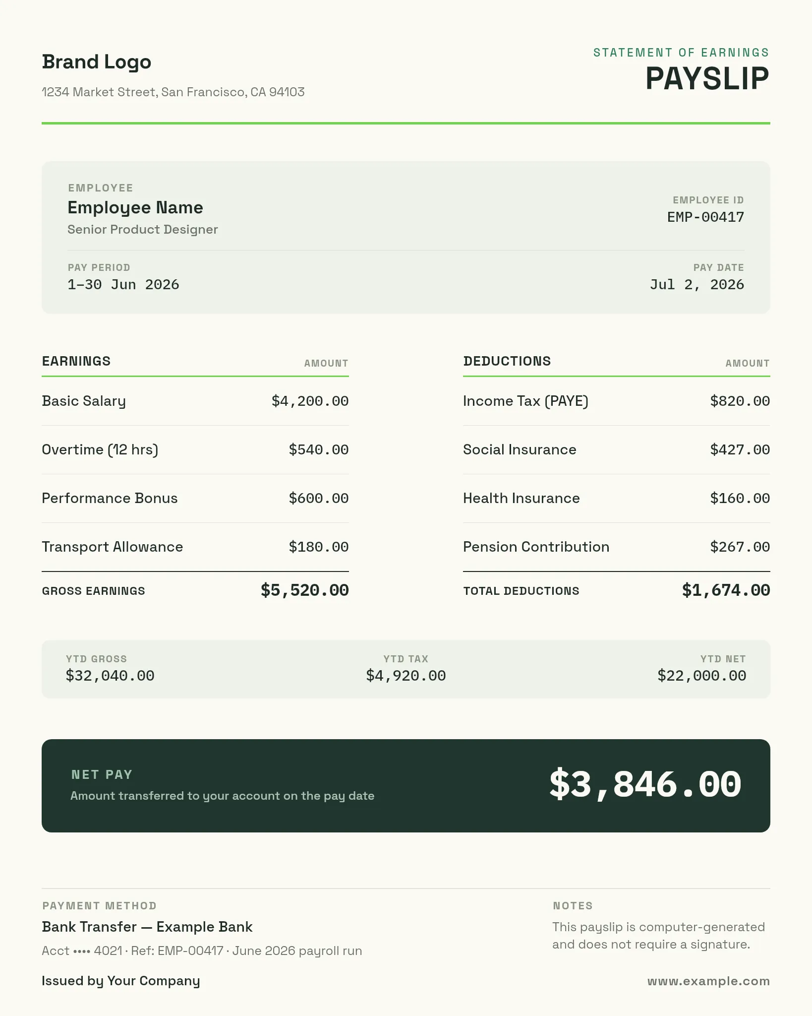 Payslip — Sage Letterhead