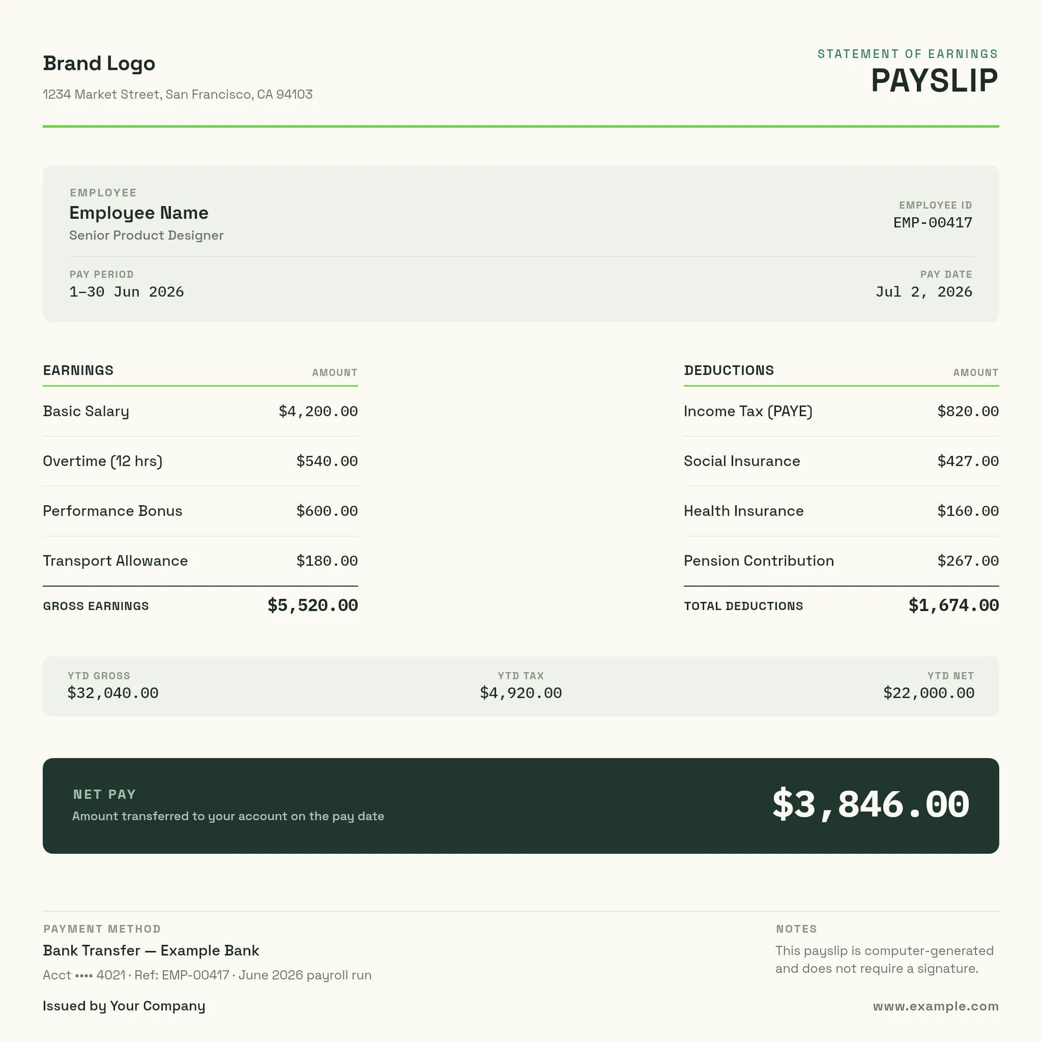 Payslip — Sage Letterhead
