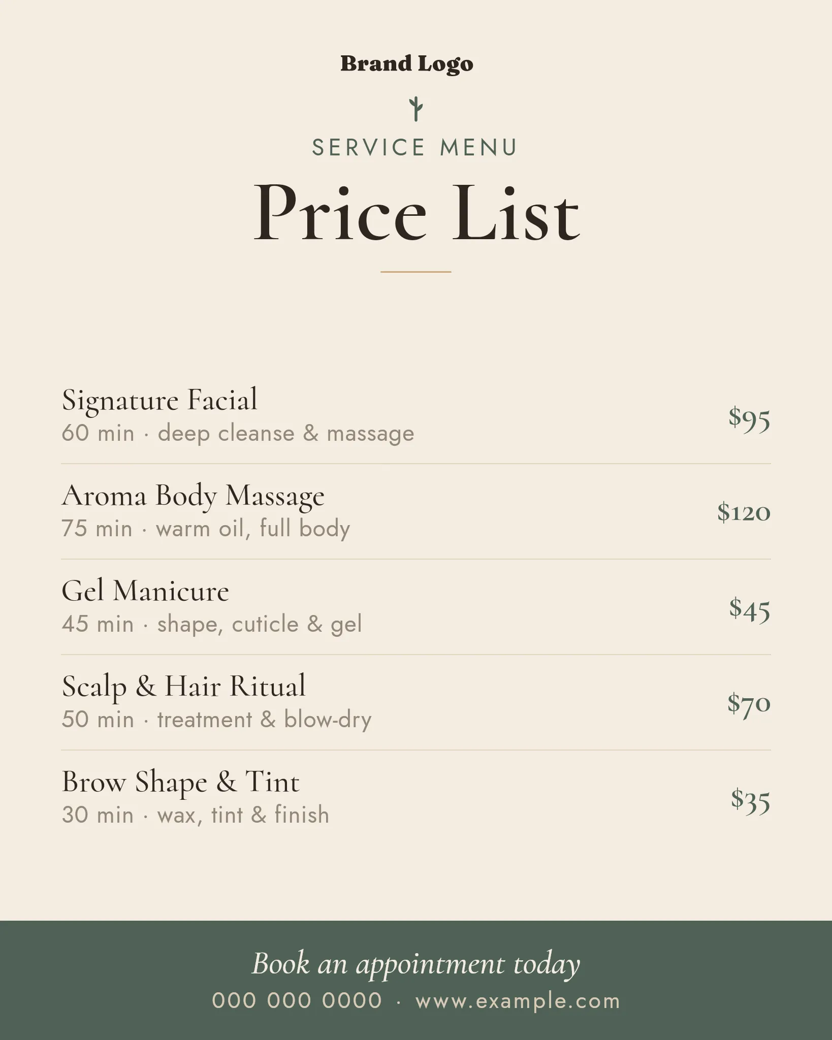 Service Price List — Botanica Spa Menu