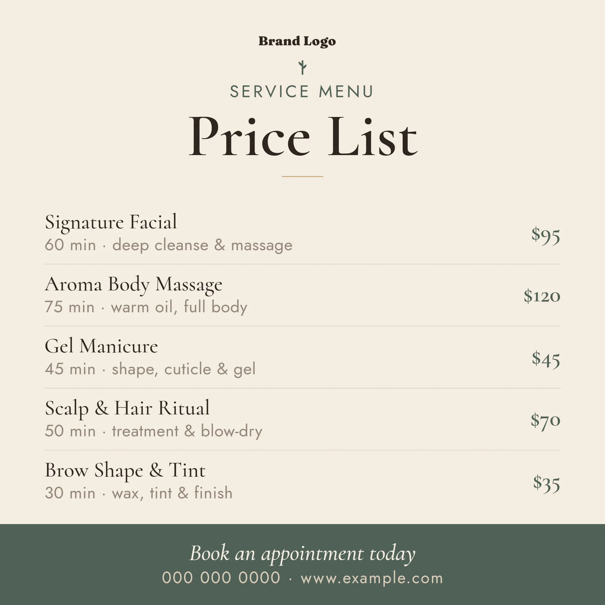 Service Price List — Botanica Spa Menu