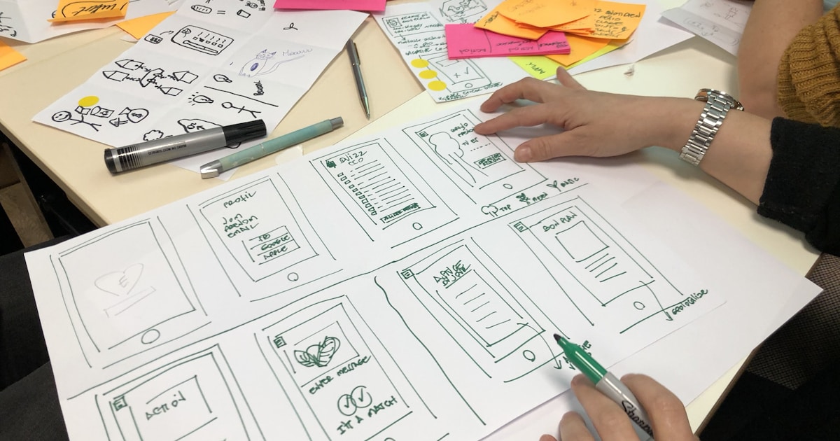 Person laying out printed pages by hand